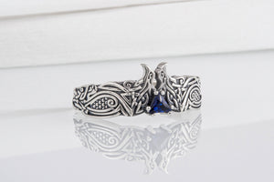 Unique Viking ravens ring with blue gem, handcrafted norse ornament jewelry - vikingworkshop