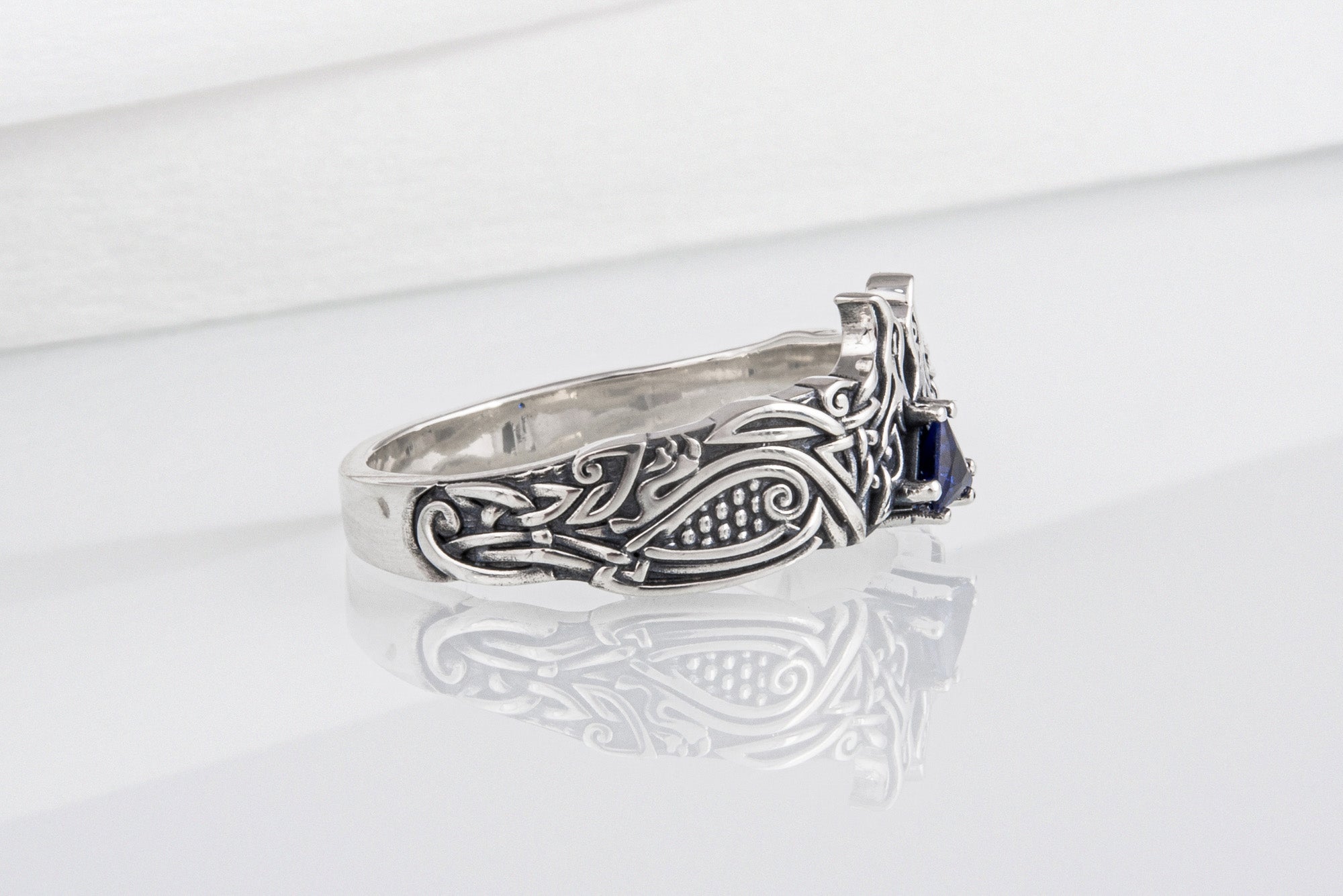 Unique Viking ravens ring with blue gem, handcrafted norse ornament jewelry - vikingworkshop