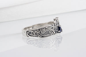 Unique Viking ravens ring with blue gem, handcrafted norse ornament jewelry - vikingworkshop