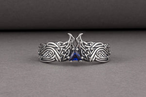 Unique Viking ravens ring with blue gem, handcrafted norse ornament jewelry - vikingworkshop