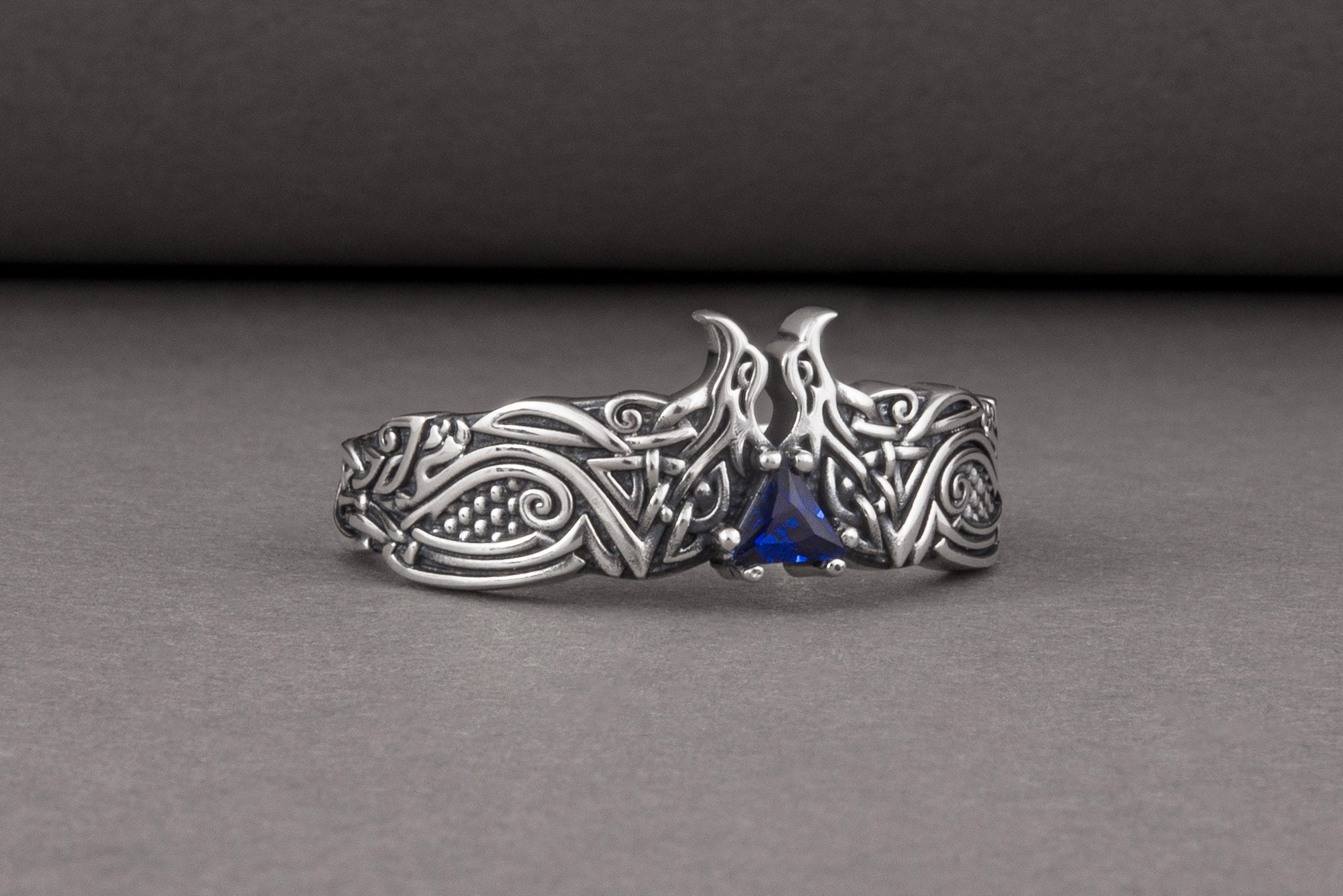 Unique Viking ravens ring with blue gem, handcrafted norse ornament jewelry - vikingworkshop