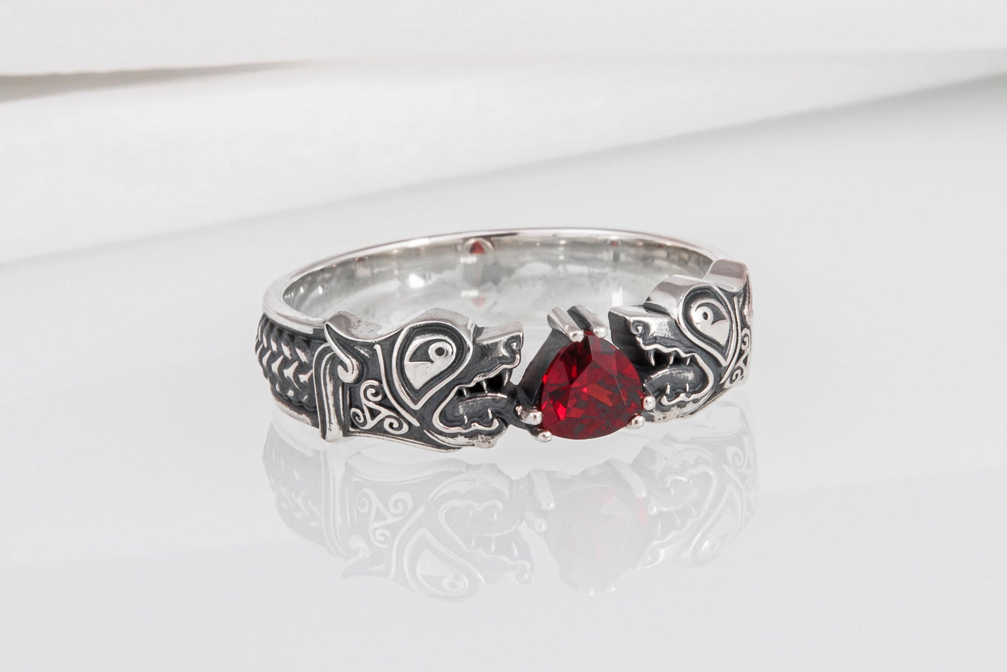 925 silver Viking ring with Norse wolf Fenrir and gem, unique handcrafted jewelry - vikingworkshop