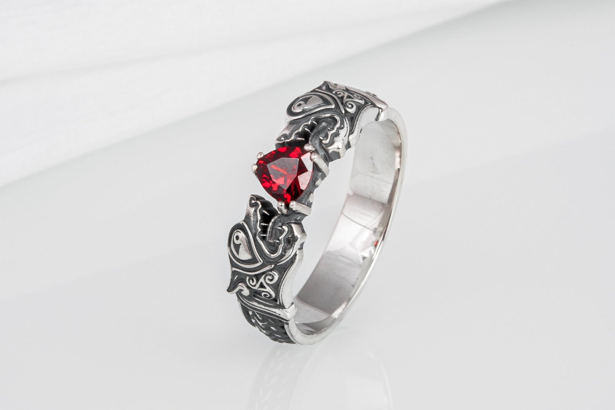 925 silver Viking ring with Norse wolf Fenrir and gem, unique handcrafted jewelry - vikingworkshop