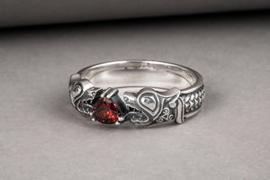 925 silver Viking ring with Norse wolf Fenrir and gem, unique handcrafted jewelry - vikingworkshop