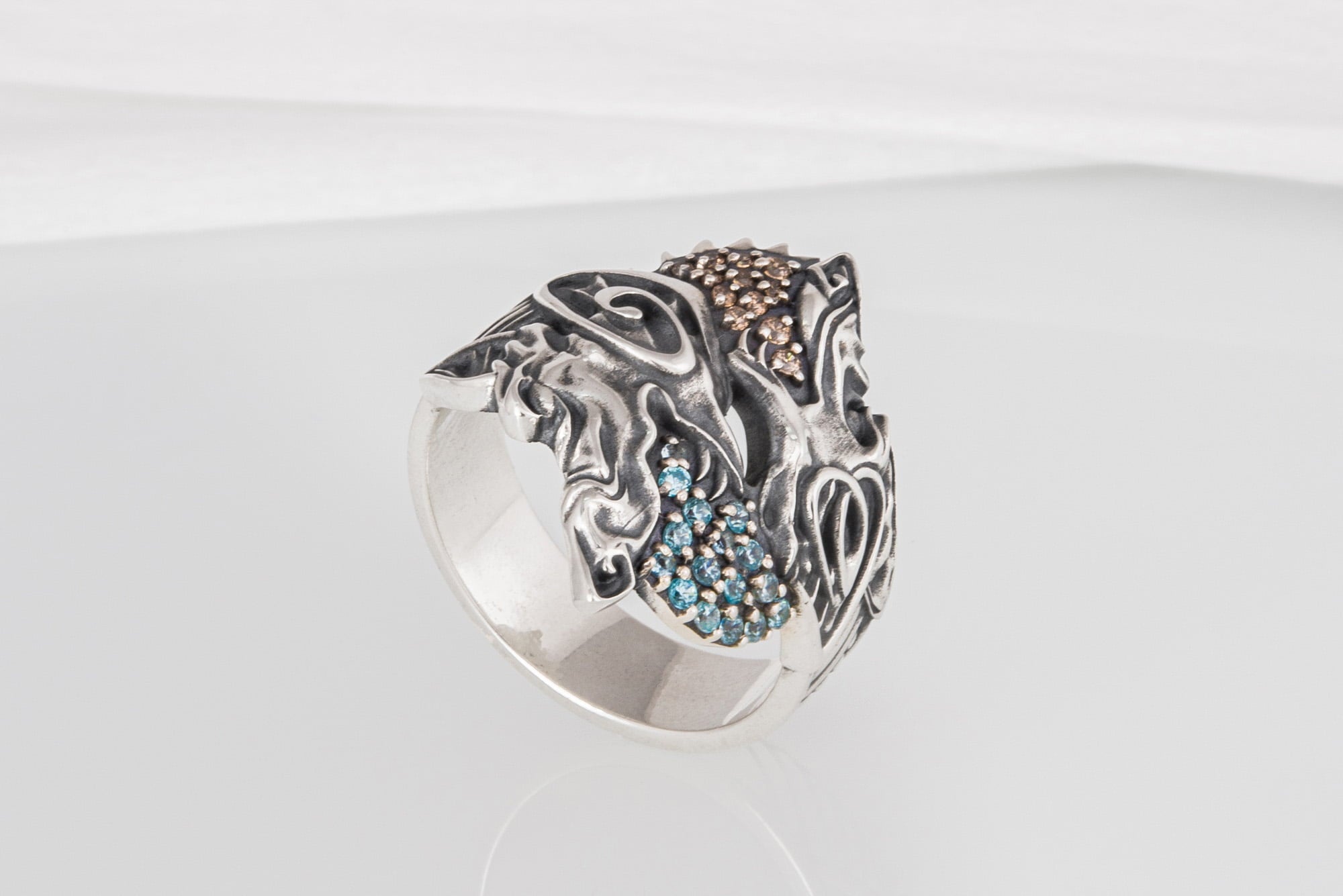 Unique Ancient Viking ring with wolfs Hati and Skoll, handcrafted Norse jewelry - vikingworkshop