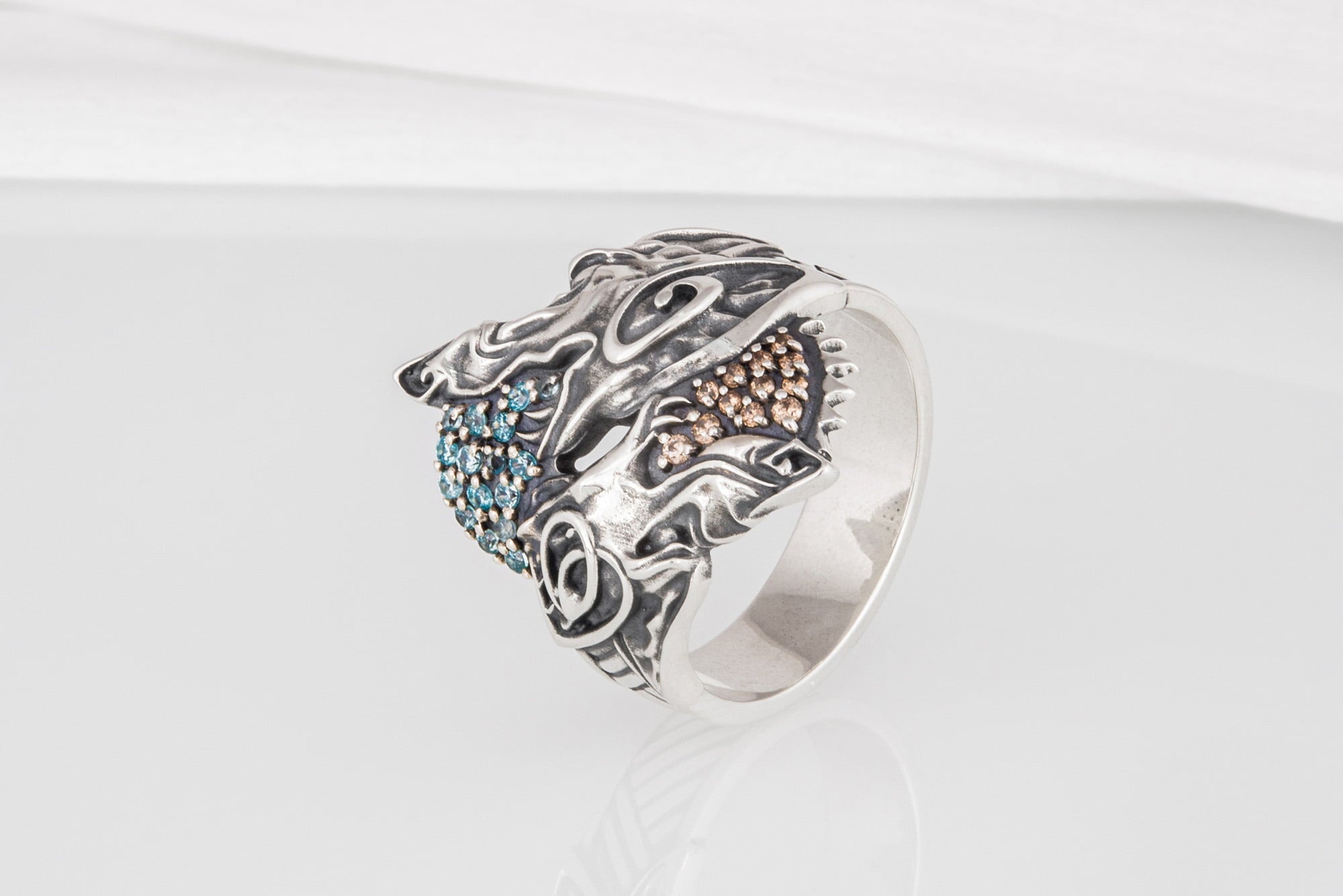 Unique Ancient Viking ring with wolfs Hati and Skoll, handcrafted Norse jewelry - vikingworkshop