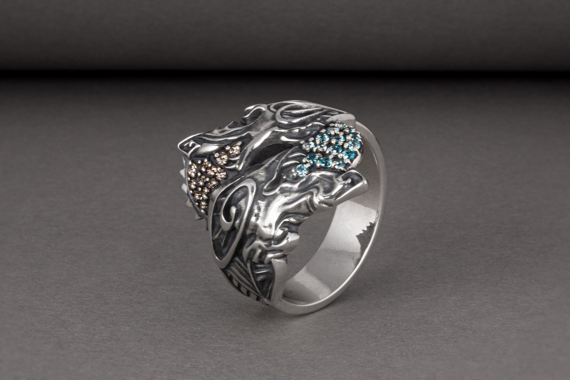 Unique Ancient Viking ring with wolfs Hati and Skoll, handcrafted Norse jewelry - vikingworkshop