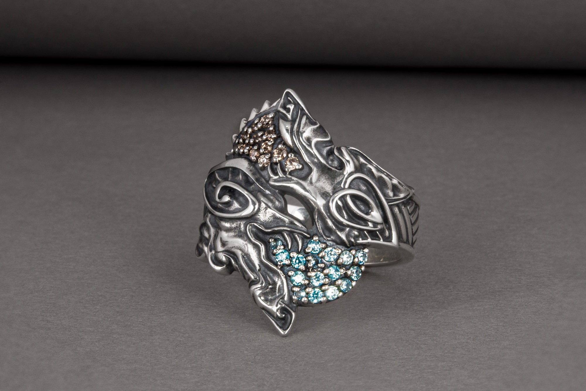 Unique Ancient Viking ring with wolfs Hati and Skoll, handcrafted Norse jewelry - vikingworkshop