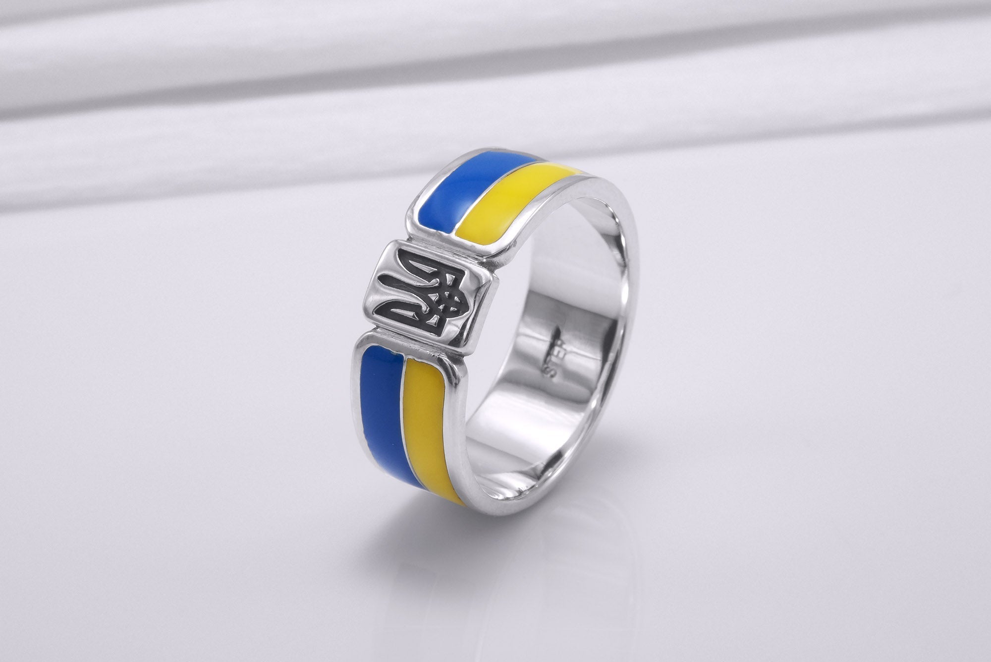 925 Silver Ukrainian Trident Ring with Flag, Made in Ukraine Jewelry