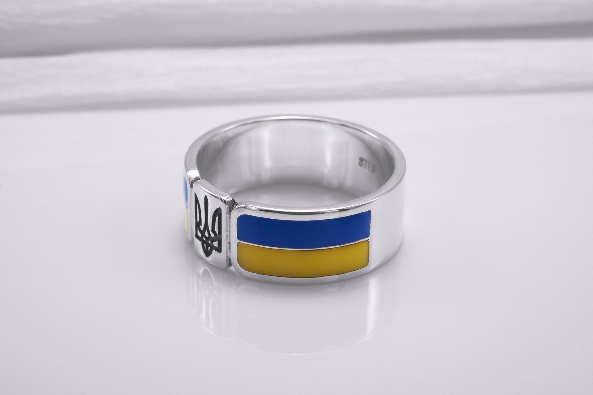 925 Silver Ukrainian Trident Ring with Flag, Made in Ukraine Jewelry - vikingworkshop