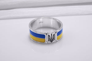 925 Silver Ukrainian Trident Ring with Flag, Made in Ukraine Jewelry - vikingworkshop