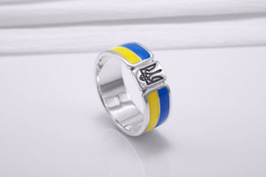 925 Silver Ukrainian Trident Ring with Flag, Made in Ukraine Jewelry - vikingworkshop