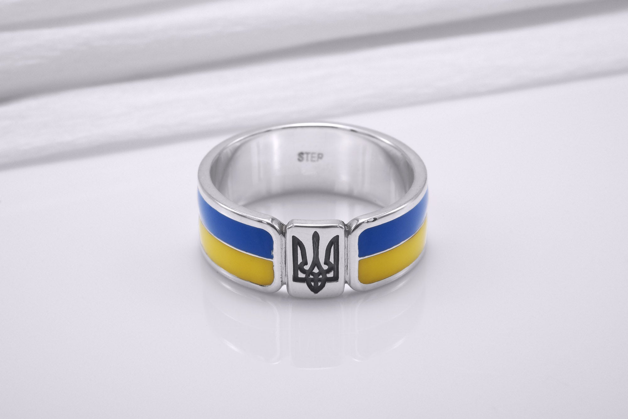 925 Silver Ukrainian Trident Ring with Flag, Made in Ukraine Jewelry - vikingworkshop