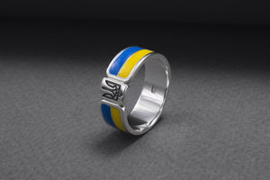 925 Silver Ukrainian Trident Ring with Flag, Made in Ukraine Jewelry - vikingworkshop