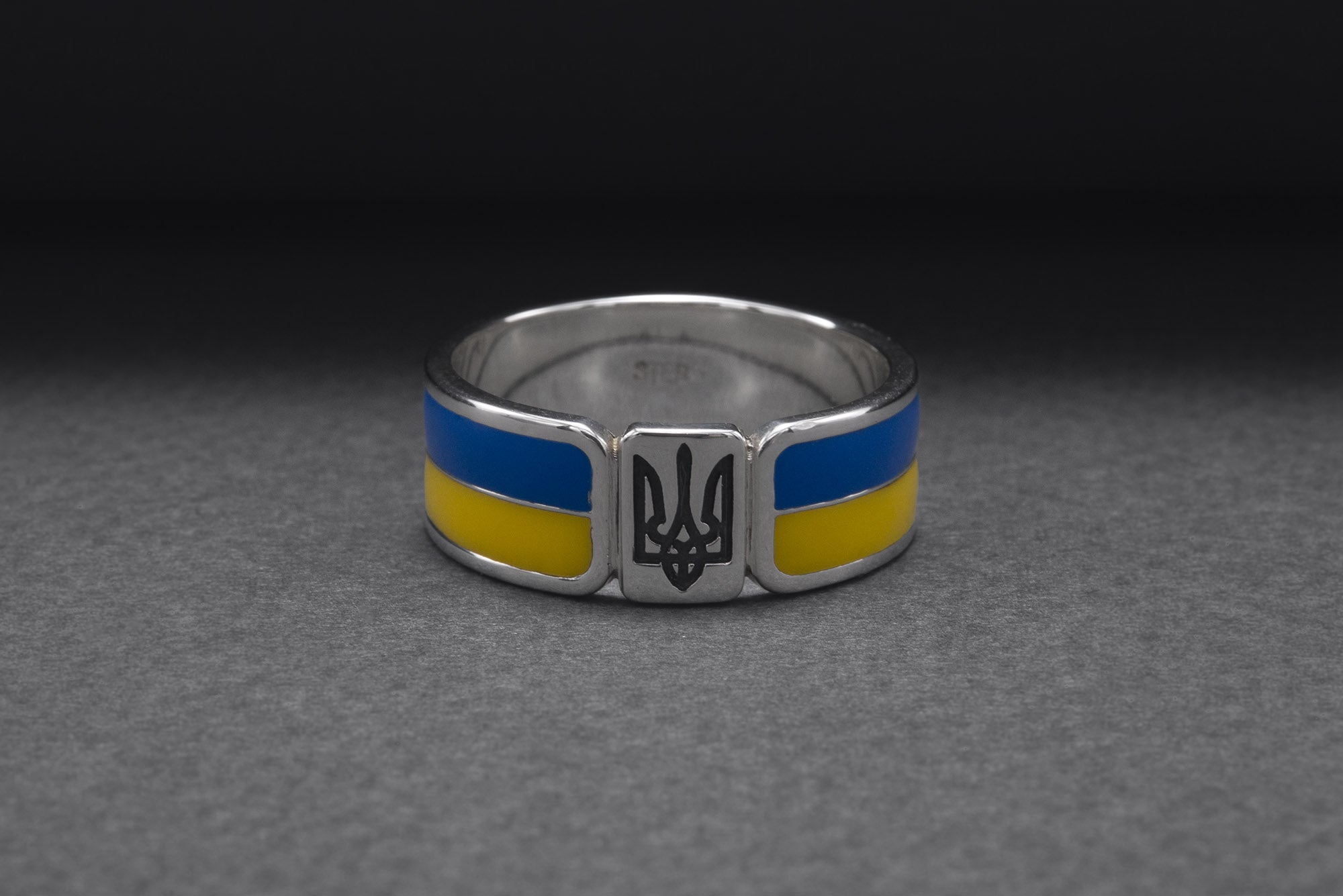 925 Silver Ukrainian Trident Ring with Flag, Made in Ukraine Jewelry - vikingworkshop