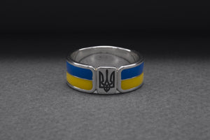 925 Silver Ukrainian Trident Ring with Flag, Made in Ukraine Jewelry - vikingworkshop