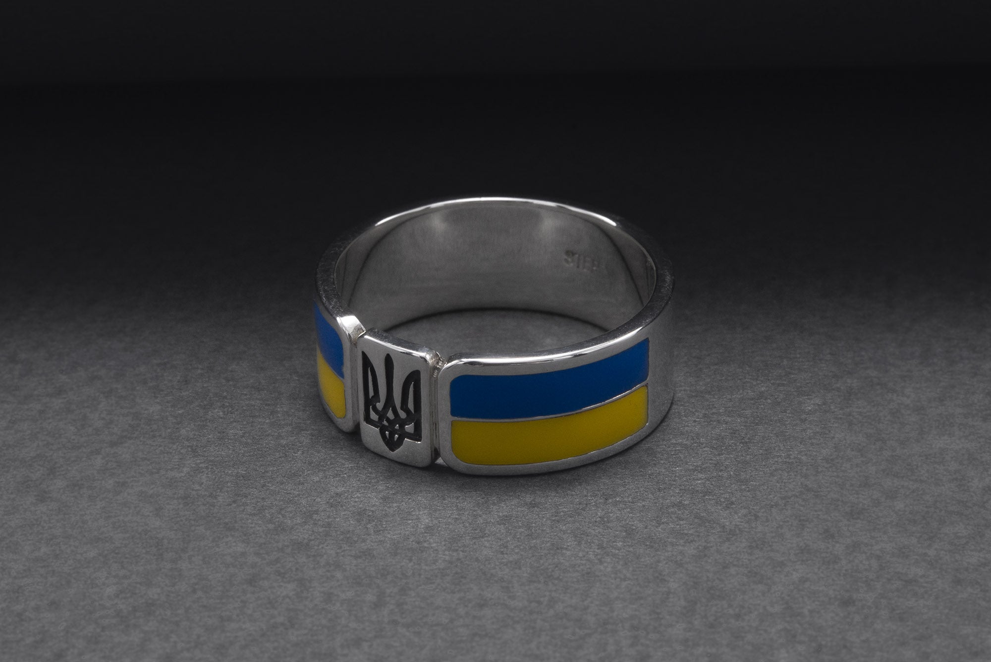 925 Silver Ukrainian Trident Ring with Flag, Made in Ukraine Jewelry - vikingworkshop