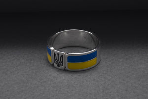 925 Silver Ukrainian Trident Ring with Flag, Made in Ukraine Jewelry - vikingworkshop