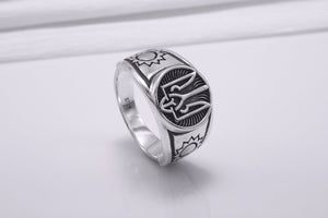 Sterling Silver Ukrainian Trident Ring with Sunflowers, Made in Ukraine Jewelry - vikingworkshop