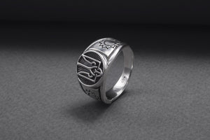 Sterling Silver Ukrainian Trident Ring with Sunflowers, Made in Ukraine Jewelry - vikingworkshop