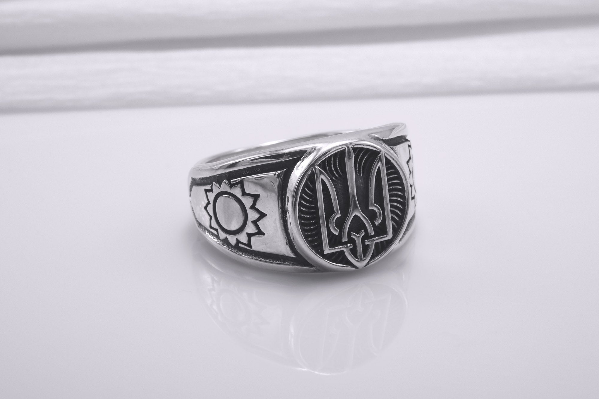 Sterling Silver Ukrainian Trident Ring with Sunflowers, Made in Ukraine Jewelry - vikingworkshop