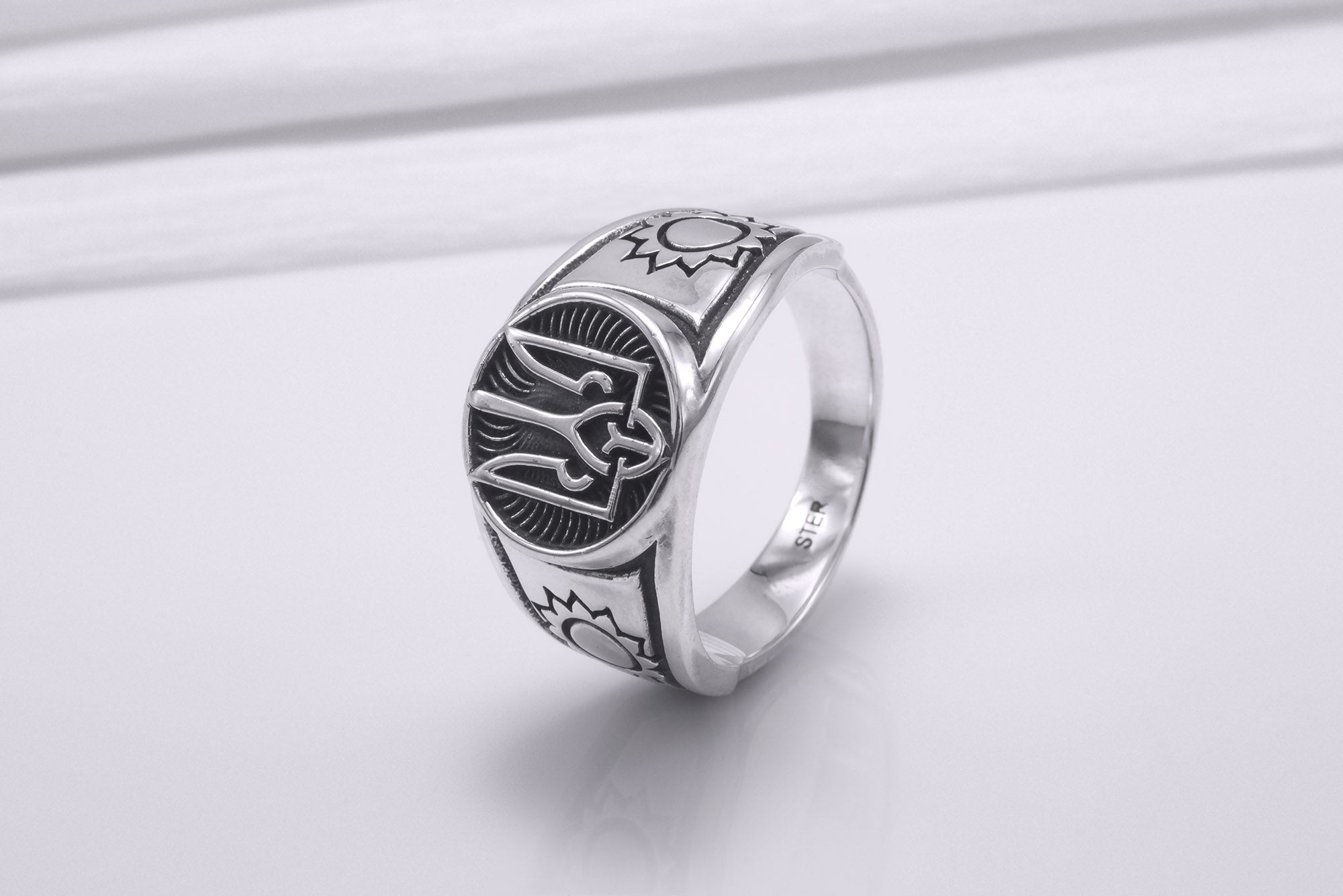 Sterling Silver Ukrainian Trident Ring with Sunflowers, Made in Ukraine Jewelry