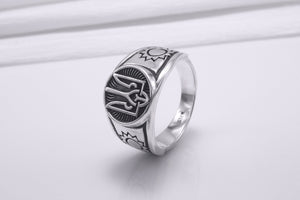 Sterling Silver Ukrainian Trident Ring with Sunflowers, Made in Ukraine Jewelry - vikingworkshop