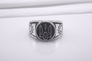 Sterling Silver Ukrainian Trident Ring with Sunflowers, Made in Ukraine Jewelry - vikingworkshop