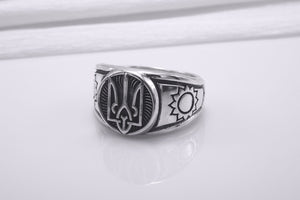 Sterling Silver Ukrainian Trident Ring with Sunflowers, Made in Ukraine Jewelry - vikingworkshop