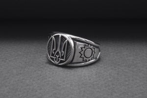 Sterling Silver Ukrainian Trident Ring with Sunflowers, Made in Ukraine Jewelry - vikingworkshop