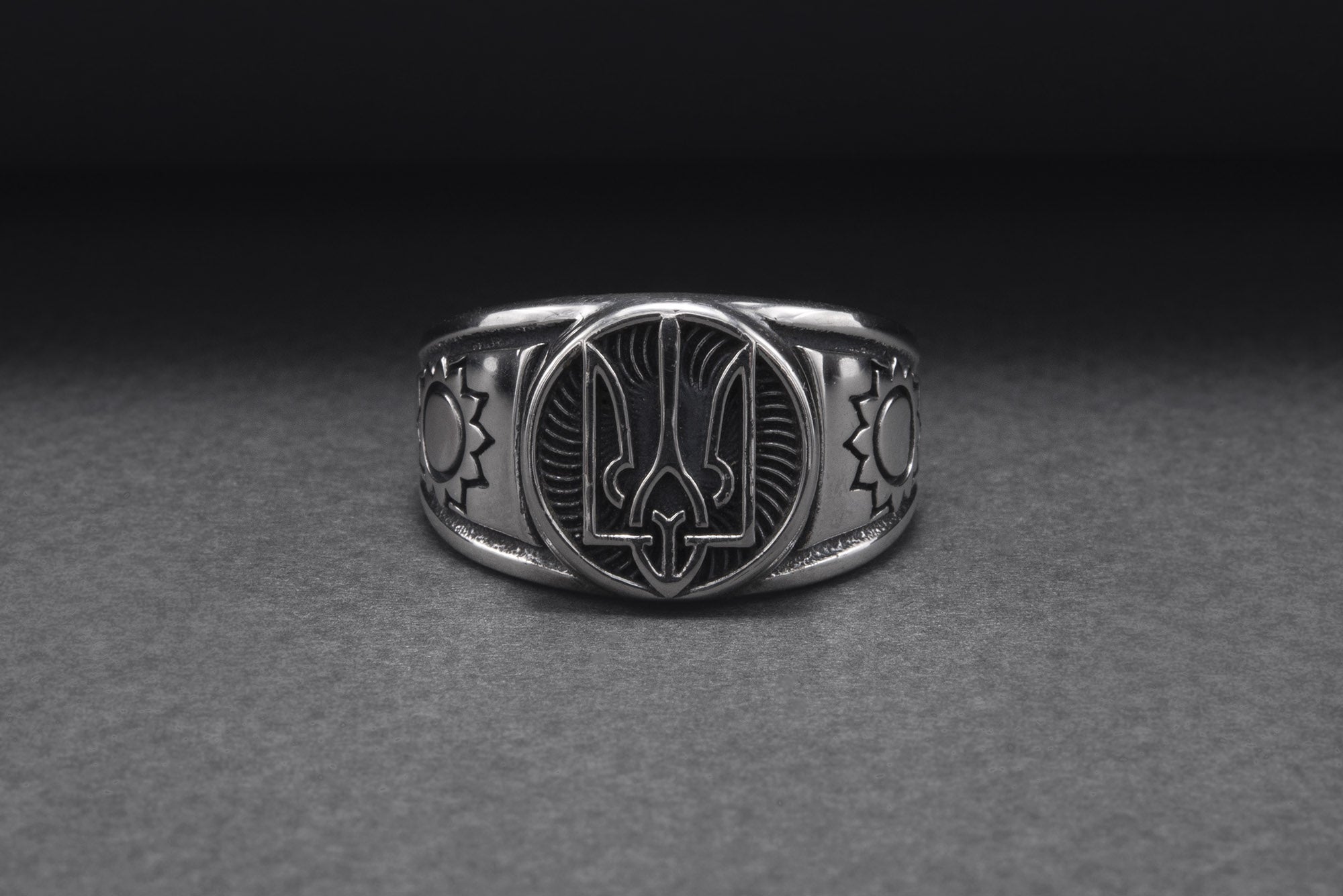 Sterling Silver Ukrainian Trident Ring with Sunflowers, Made in Ukraine Jewelry - vikingworkshop