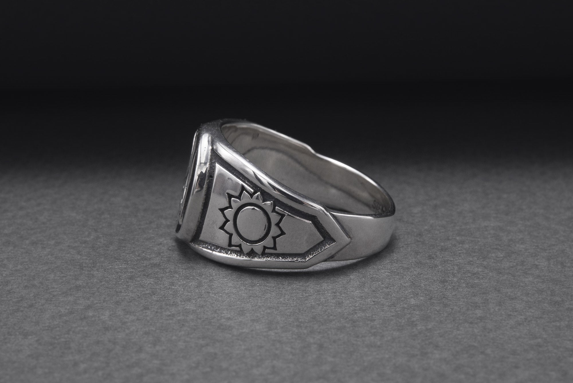 Sterling Silver Ukrainian Trident Ring with Sunflowers, Made in Ukraine Jewelry - vikingworkshop