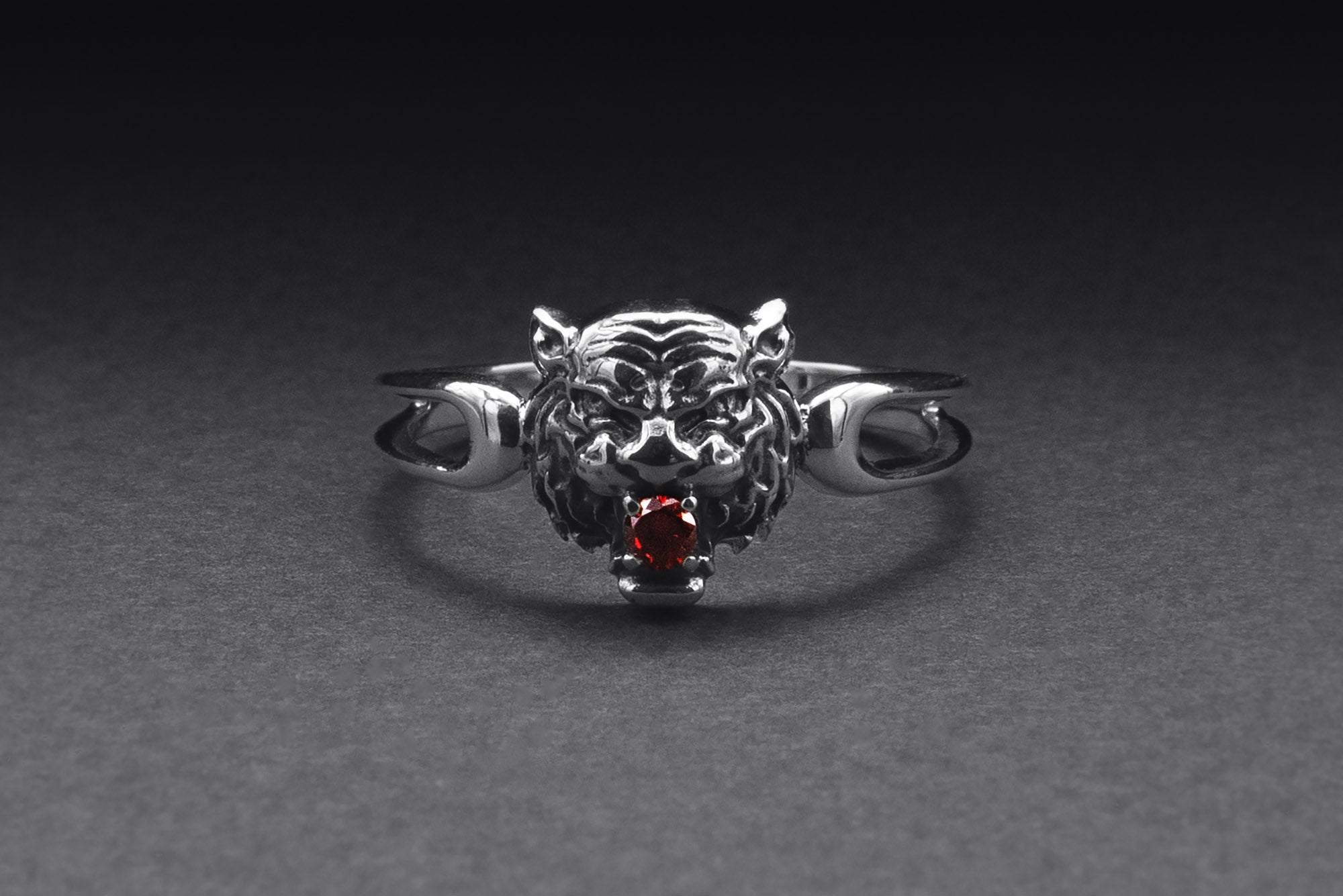 925 Silver Tiger Ring with Red Gem, Handmade Animal Jewelry - vikingworkshop