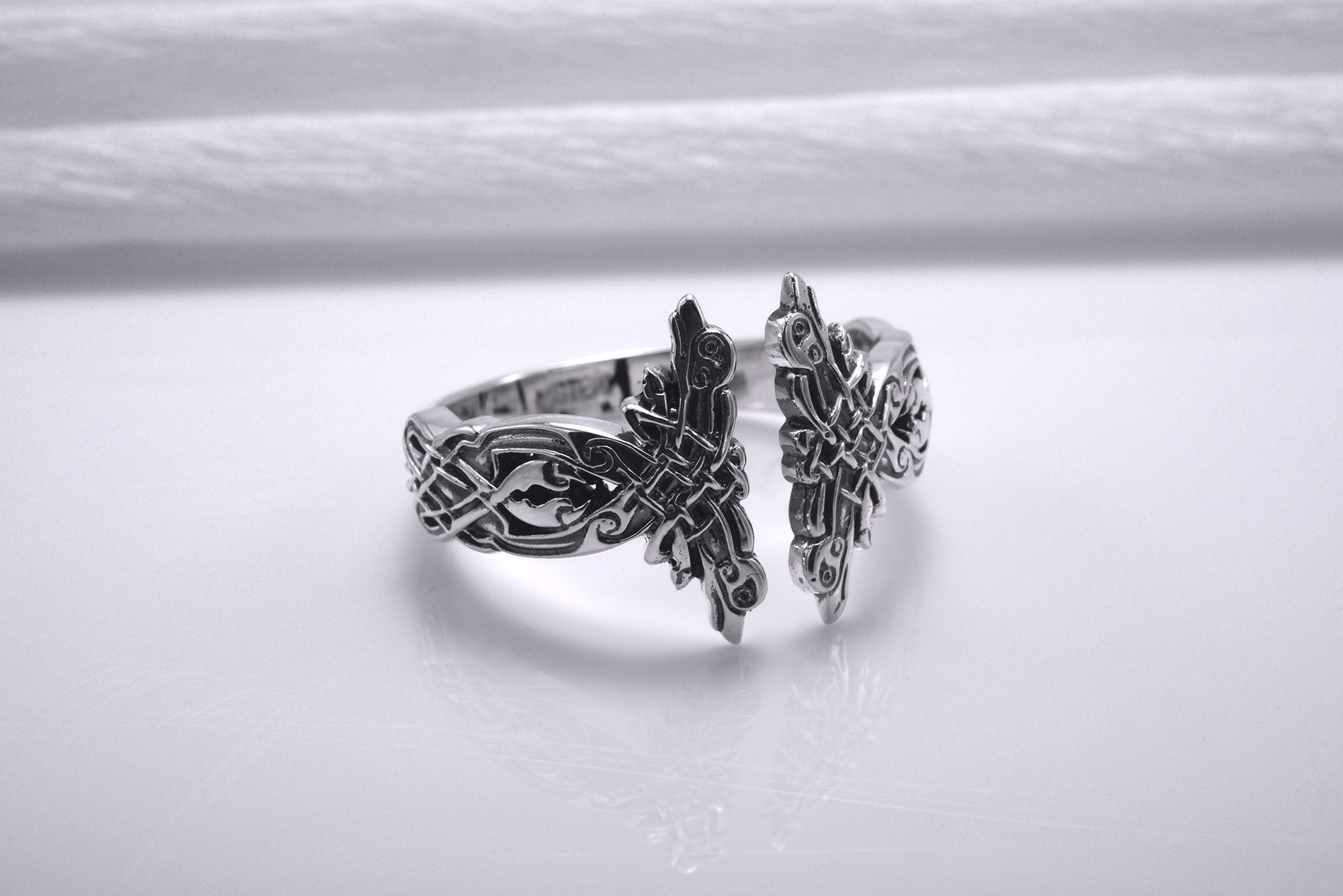 Sterling Silver Celtic Knot Ring with Hound Dogs Ornament, Handmade Norse Jewelry - vikingworkshop