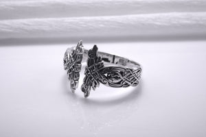 Sterling Silver Celtic Knot Ring with Hound Dogs Ornament, Handmade Norse Jewelry - vikingworkshop