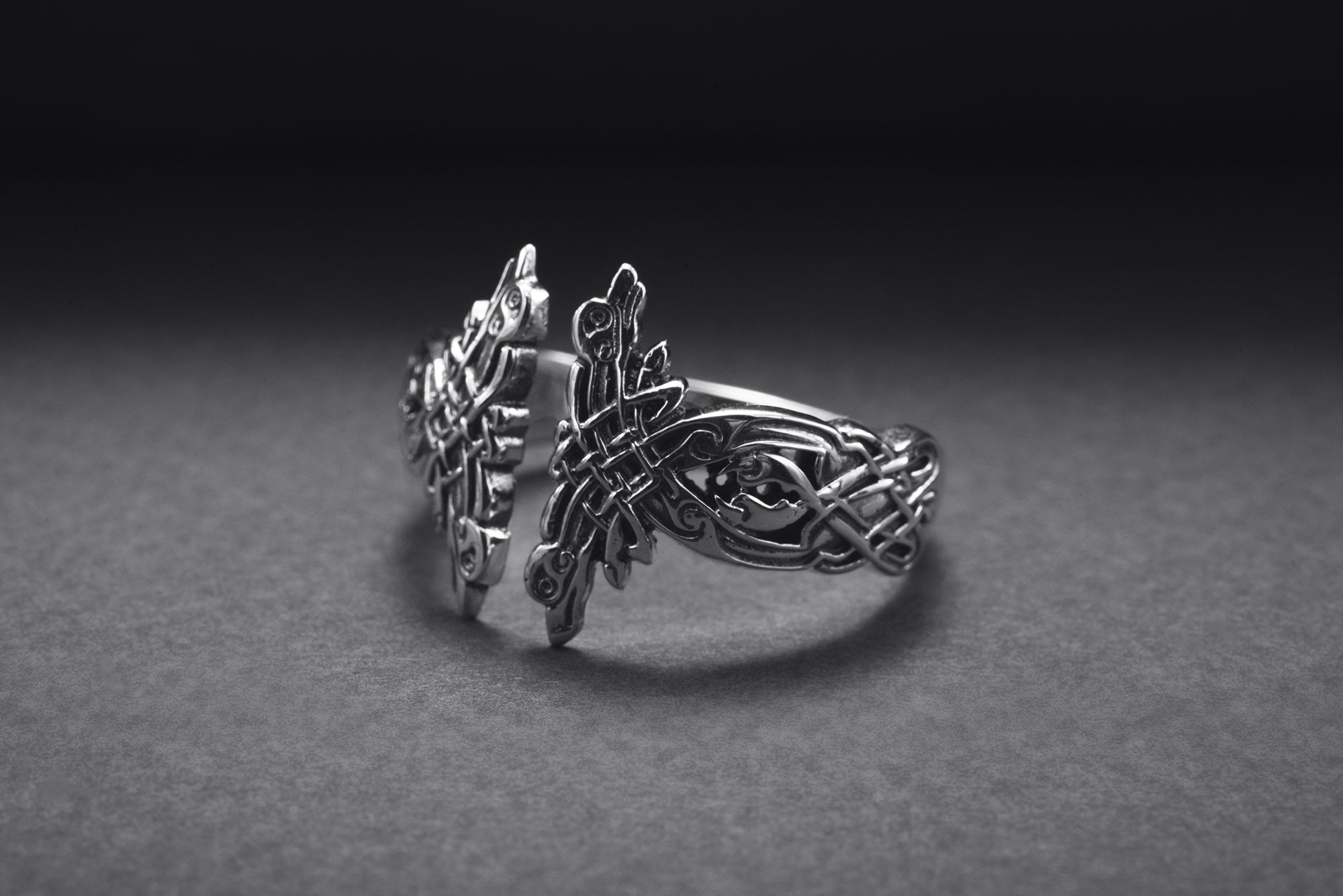 Sterling Silver Celtic Knot Ring with Hound Dogs Ornament, Handmade Norse Jewelry - vikingworkshop