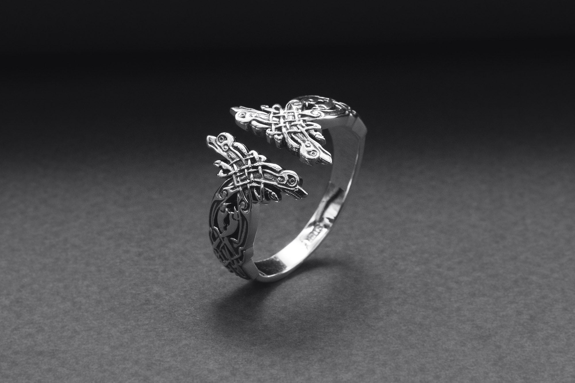 Sterling Silver Celtic Knot Ring with Hound Dogs Ornament, Handmade Norse Jewelry - vikingworkshop