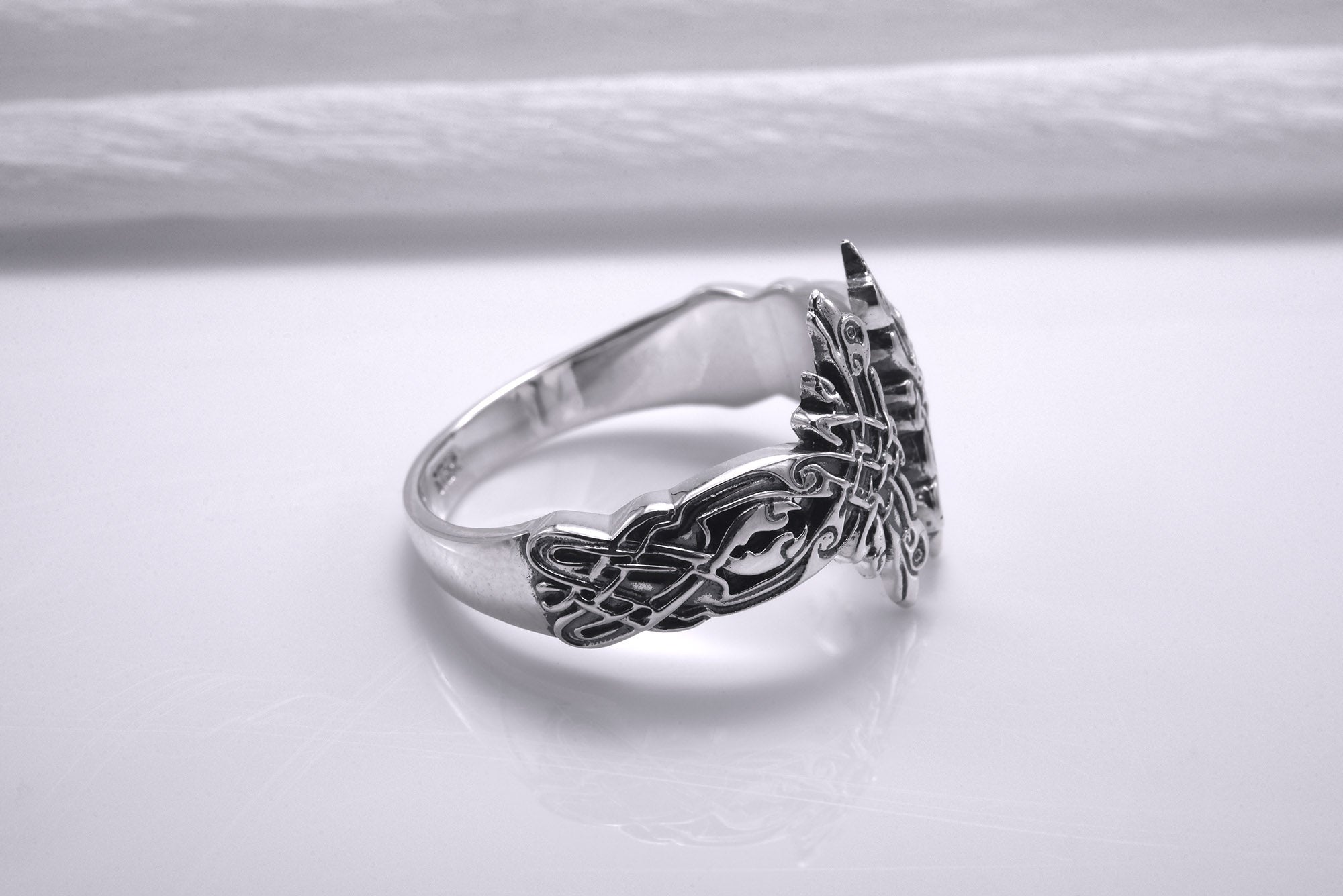 Sterling Silver Celtic Knot Ring with Hound Dogs Ornament, Handmade Norse Jewelry - vikingworkshop