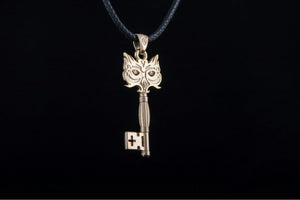 14K Gold Handmade Key Pendant with Owl Unique Jewelry - vikingworkshop