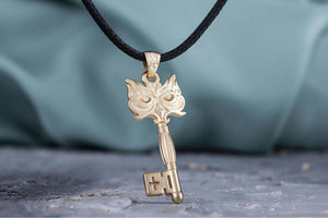 14K Gold Handmade Key Pendant with Owl Unique Jewelry - vikingworkshop