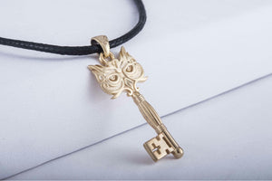 14K Gold Handmade Key Pendant with Owl Unique Jewelry - vikingworkshop