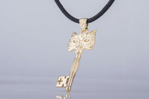 14K Gold Handmade Key Pendant with Owl Unique Jewelry - vikingworkshop