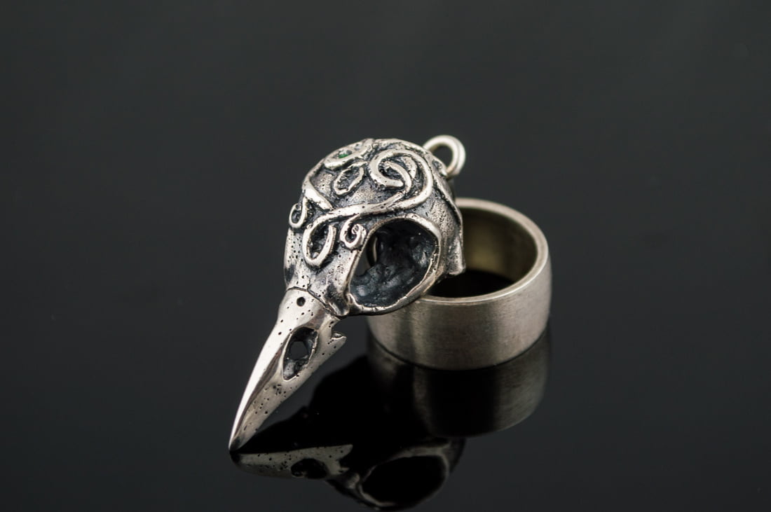 Raven Skull Sterling Silver Pagan Amulet - vikingworkshop