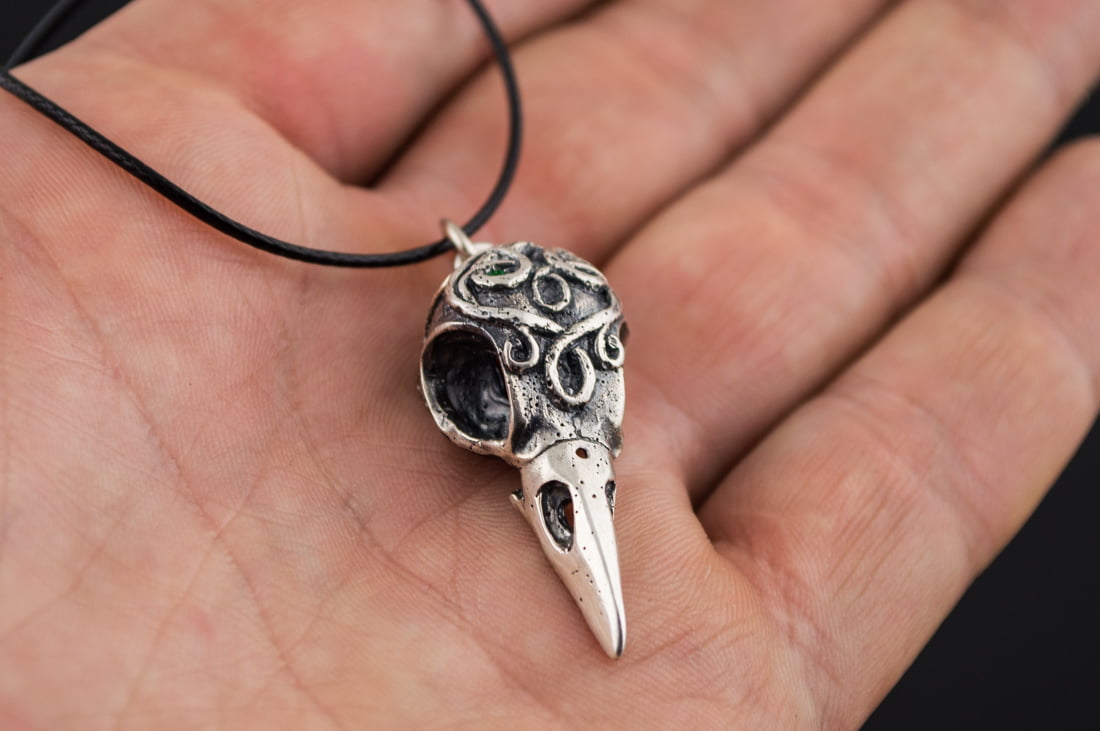 Raven Skull Sterling Silver Pagan Amulet - vikingworkshop