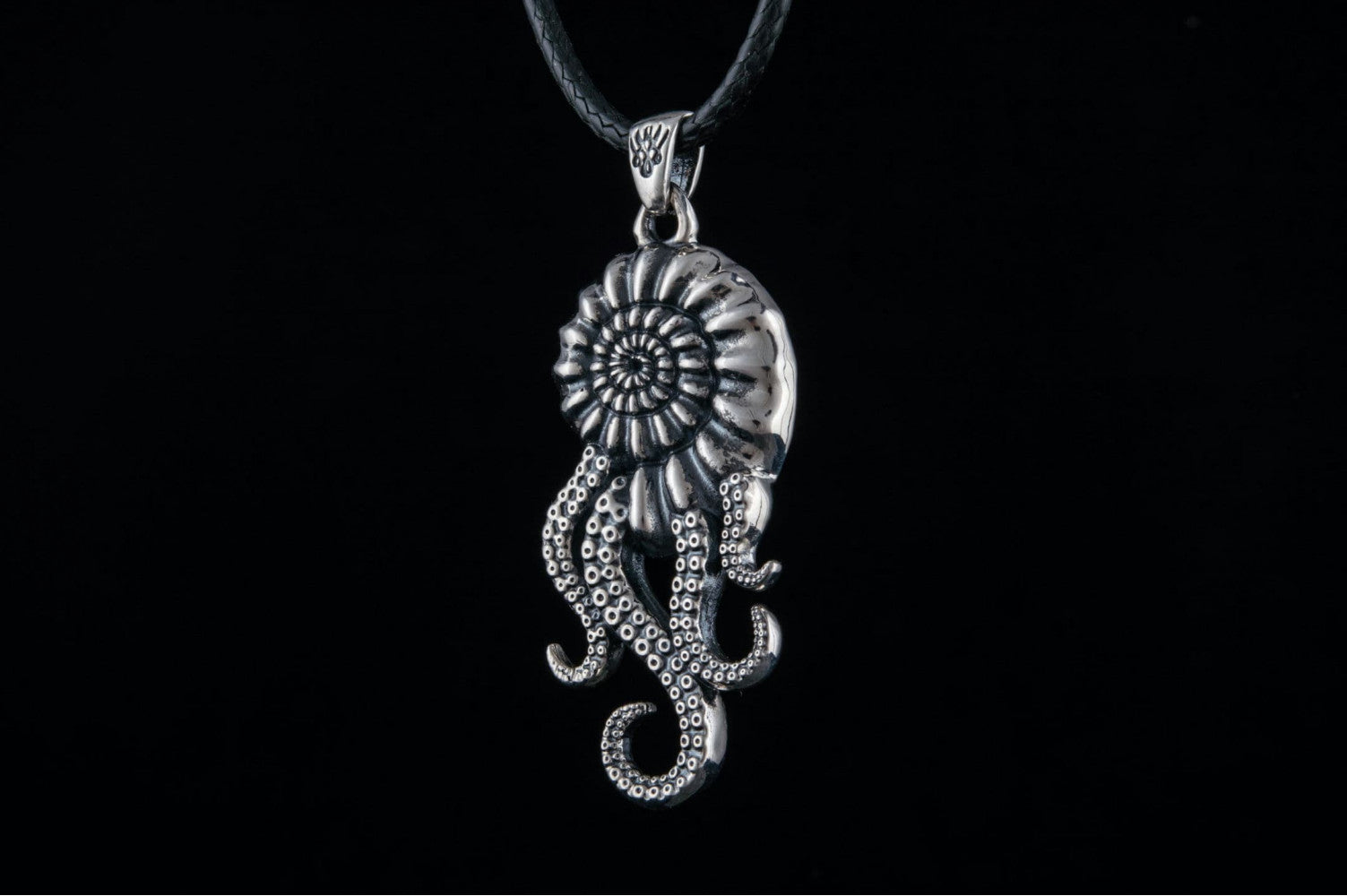 Octopus in Shell Pendant with Cubic Zirconia Sterling Silver Handmade Unique Jewelry - vikingworkshop