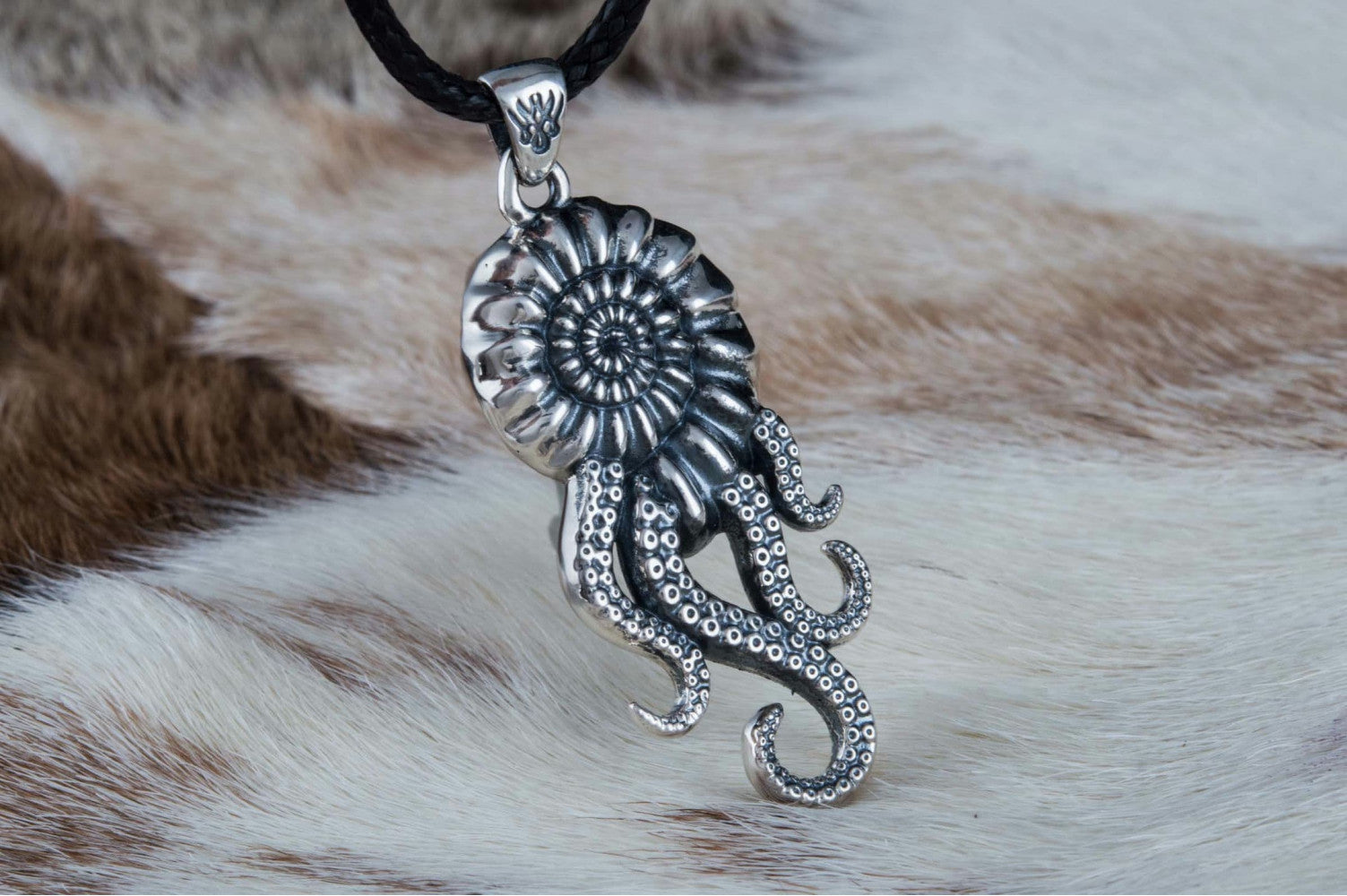 Octopus in Shell Pendant with Cubic Zirconia Sterling Silver Handmade Unique Jewelry - vikingworkshop