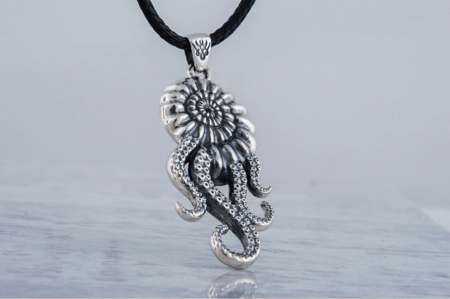 Octopus in Shell Pendant with Cubic Zirconia Sterling Silver Handmade Unique Jewelry - vikingworkshop