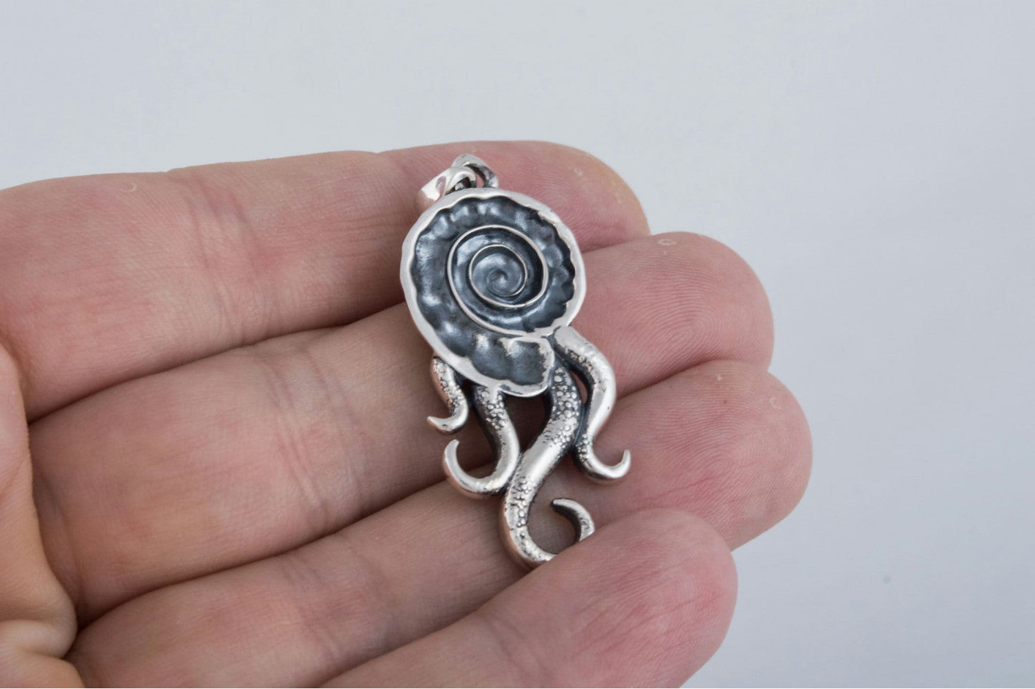 Octopus in Shell Pendant with Cubic Zirconia Sterling Silver Handmade Unique Jewelry - vikingworkshop