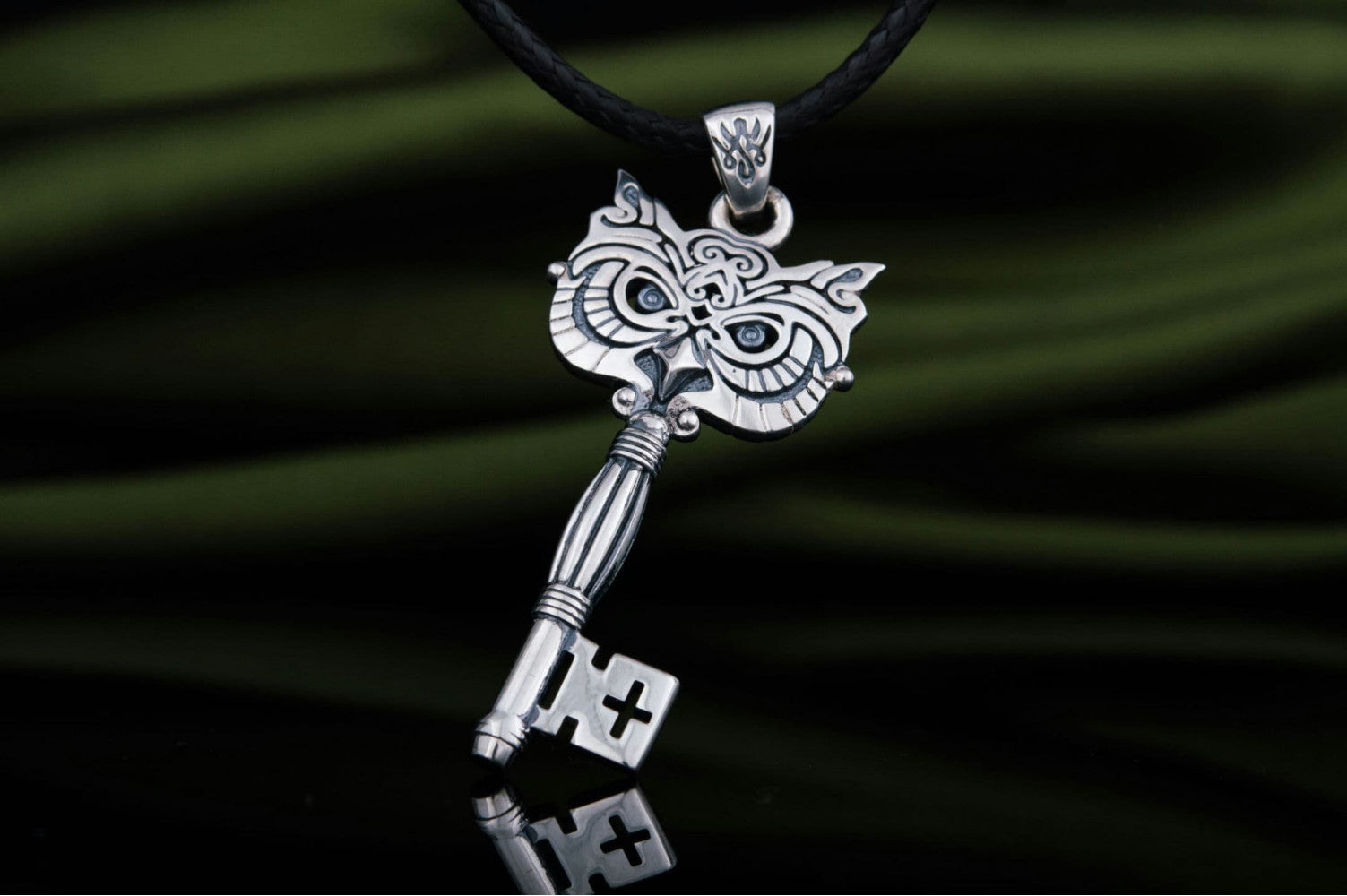 Key Pendant with Owl Sterling Silver Handmade Jewelry - vikingworkshop