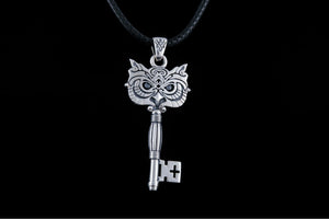 Key Pendant with Owl Sterling Silver Handmade Jewelry - vikingworkshop